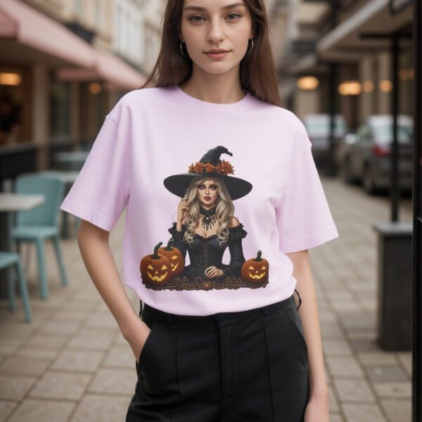 Halloween Witch Graphic Tee – Unisex Boxy T-Shirt with Pumpkins | Maovoe Luxury Cotton
