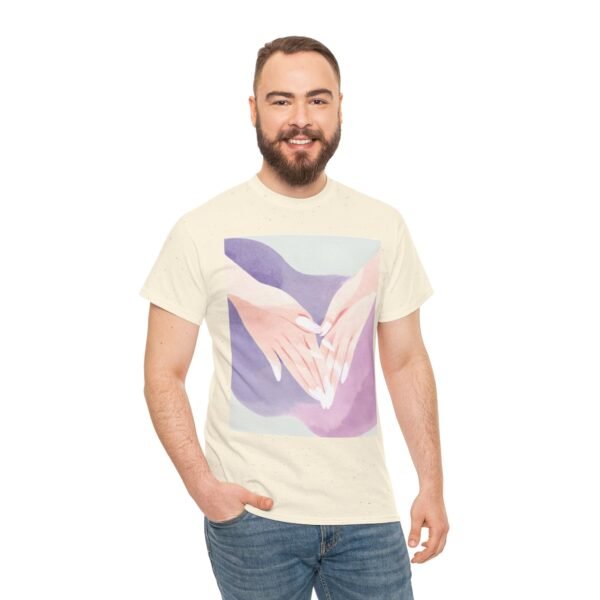 Feminine Hand Heart Design T-Shirt - Minimalist Pastel Art Tee in Soft Pink and Purple - Unique Abstract Women's Fashion Top