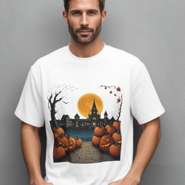 Haunted House Halloween Tee, Unisex Boxy T-Shirt, Pumpkin & Full Moon Shirt, Spooky Gothic Fall Top, Halloween Party Outfit